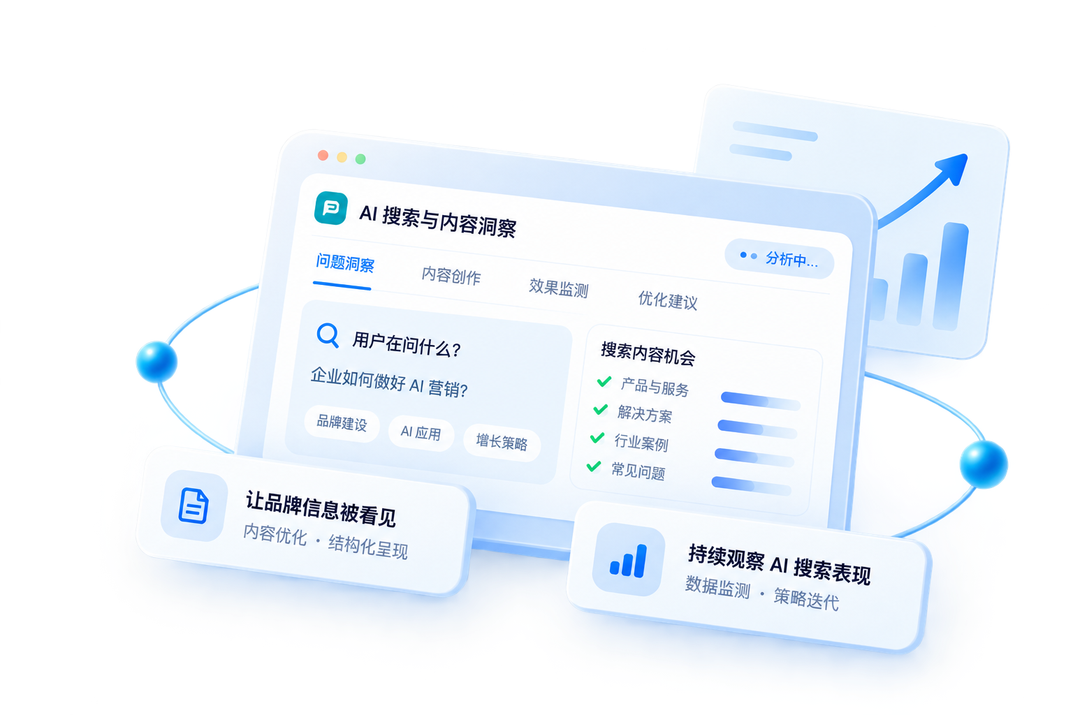 AI 搜索与内容洞察，帮助完善品牌内容并持续追踪搜索表现